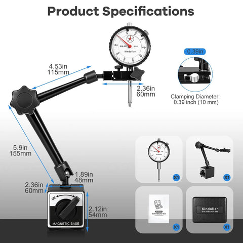 Pro Grade Dial Indicator With Magnetic Base, 0 To 1 Inch Range, 0.001 Inch Graduation, 2 Inch White Dial, Locking Bezel