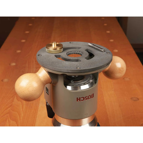 Heavy Duty CNC Milled Acetal Resin Router Baseplate Designed For Bosch 1617 Fixed Base Workshop Rigs Featuring Standard Bushings And Super Dead Simple Mount Kit on router with wood handles.