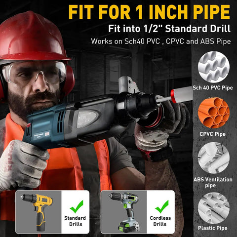 Worker using Aluminum 1 Inch Head PVC Fitting Saver And Pipe Reamer With 0.236 Inch Hex Shaft for Schedule 40 PVC CPVC ABS.