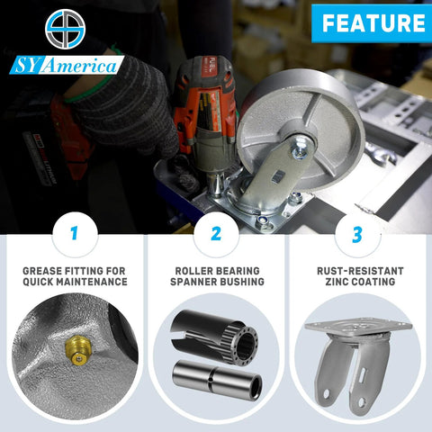 Installed SY America 5x2 in cast-iron swivel casters on a metal toolbox cart; set of 4