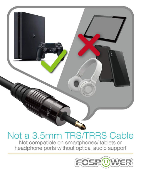 Pro Grade 24K Gold Plated Toslink To Mini Toslink Digital Audio Cable with illustration showing compatibility, not for TRS/TRRS