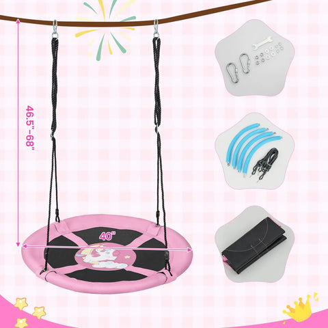 40 Inch Pink Unicorn Saucer Swing for Kids With Adjustable Ropes and 2 Carabiners Waterproof 900D Oxford Cloth Round Outdoor Swing