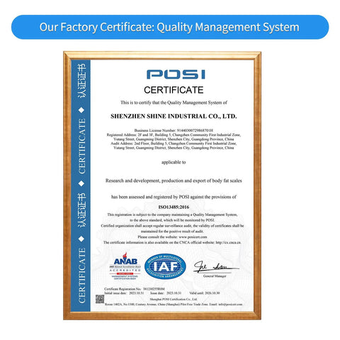 Quality management system certificate for Shenzhen Shine Industrial Co., framed and approved by IAF and ANAB.