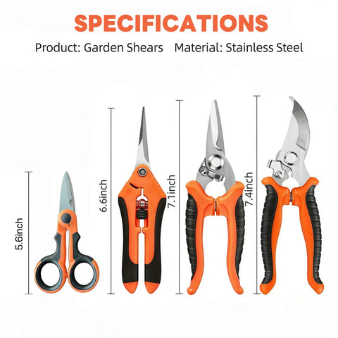 4 Pack Garden Pruning Shears Set With Stainless Steel Blades And Comfort PP TPR Handles, includes four types of shears.