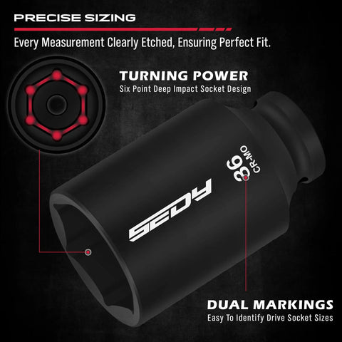 One Half Inch Drive Deep Impact Socket Set, 11-Piece Metric Socket Kit With 27mm To 38mm Sizes For Wheel Axle Nuts, shown in close-up