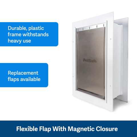 Built Damn Tough Large Dog Wall Door With Adjustable Telescoping Frame For Canines Up To One Hundred Pounds. Durable plastic frame with flexible flap.