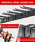 Heavy Duty Wall Mount Garage Tool Organizer System with 64 Inch Rail and 11 Adjustable Hooks, industrial-grade carbon steel.