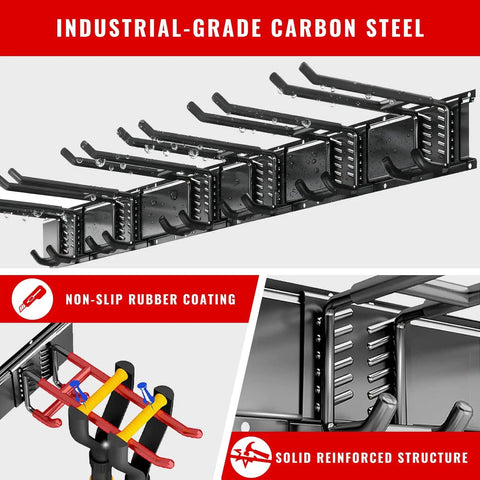 Heavy Duty Wall Mount Garage Tool Organizer System with 64 Inch Rail and 11 Adjustable Hooks, industrial-grade carbon steel.