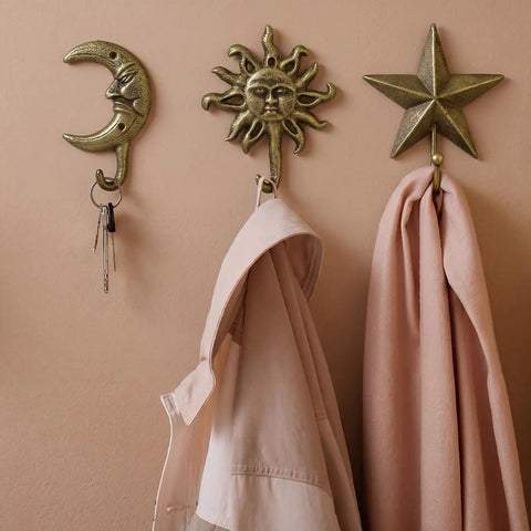 Three Pack Vintage Cast Iron Wall Hooks In Dark Gold Antique Finish Featuring Sun Moon Star Celestial Shapes With Included Screws