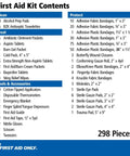 First Aid Only 298-piece kit contents list showing Clean, Treat, Protect, and Tools & Accessories sections.