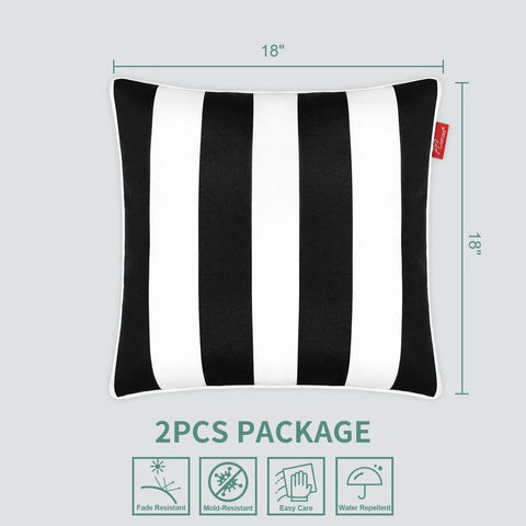 Two Pack Outdoor Throw Pillows 18x18 Inches All Weather Water Resistant With Inserts For Patio Furniture Couch Sofa Poolside Black White Decor Cushions front view