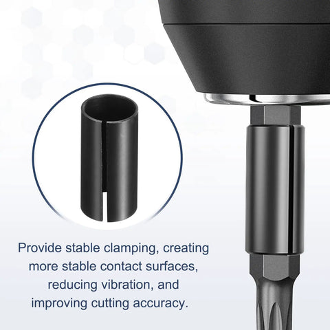 Close-up of a black 6 Pcs Collet Adapter Set 12.7mm To 6.35mm Carbon Steel Router Collet Reduction Sleeve Shank Converter For Woodworking CNC Engraving Milling Durable Precision Fit Ideal For DIY Hobbyists Black showing stable clamping feature.