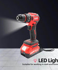 21V Max Cordless Drill Driver Kit With 2 Batteries And Charger, Built In LED, Brushless Motor, 0-1500 RPM, shown in front view