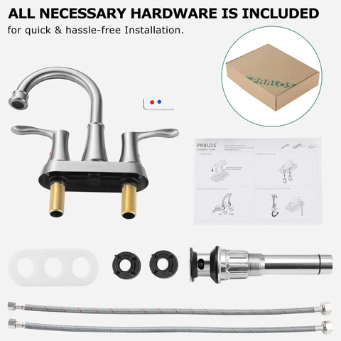 Swivel Spout Two Handle Brushed Nickel Bathroom Sink Faucet With Metal Pop Up Drain And Supply Lines displayed with hardware