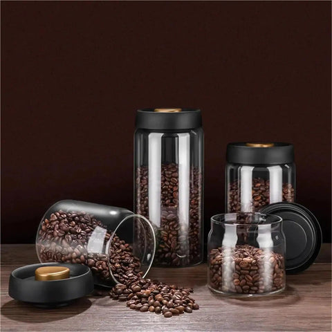 Turn Up Your Kitchen Game With This Super Durable Vacuum Sealed Glass Jar Built For Coffee Beans And Dry Goods. 1200Ml clear jars with coffee beans.