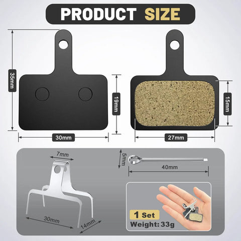 Diagram showing dimensions of 4 Pack Bike Brake Pads Set Universal Bicycle Disc Pads Semi Metallic Low Noise All Weather with clip included.