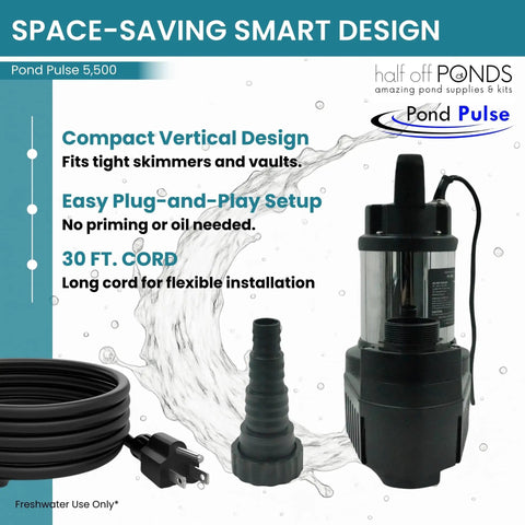 5,500 GPH Submersible Pond Pump With Hybrid Drive For Waterfalls And Skimmers, 30 Foot Cord, Compact Vertical Design
