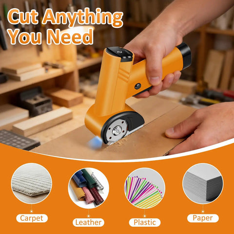 Electric Cordless Scissors With Rechargeable Battery, Power Rotary Cutter For Cardboard Boxes, Carpet, And Leather, Stainless Steel Blade, Cordless Design cutting through cardboard.