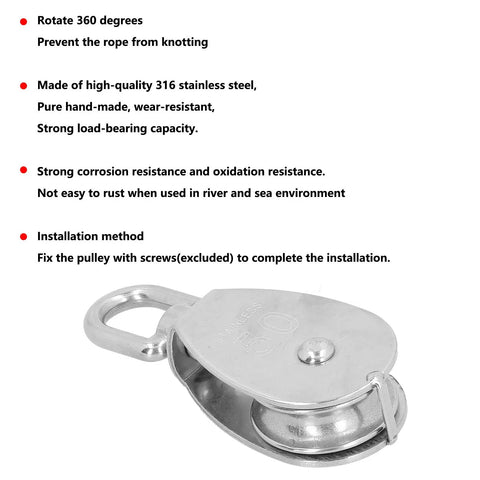 50mm 316 Stainless Steel Pulley Wheel Swivel Block for Marine Lifting, 360 Degree Rotating Single Wheel With Wire Rope Towing, Beefy Heavy Duty Mechanical Crane Pulley for Boats and Ships, 316 stainless steel 50mm pulley