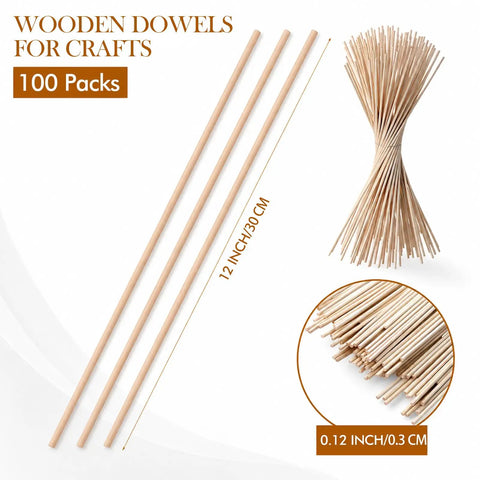 Top Shelf 100 Pack Of Unfinished Natural Wood Dowel Rods One Eighth Inch By 12 Inches Long For Weekend Arts And Crafts Projects. Display of rods.