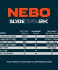 Image showing NEBO SLYDE KING 2K flashlight modes, output, runtime, and distance details, with focus on flashlight features.
