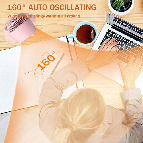 Compact Desk Heater That Cranks 1200W With PTC Ceramic Heating, shown on a desk with 160 degree auto oscillation illustration.