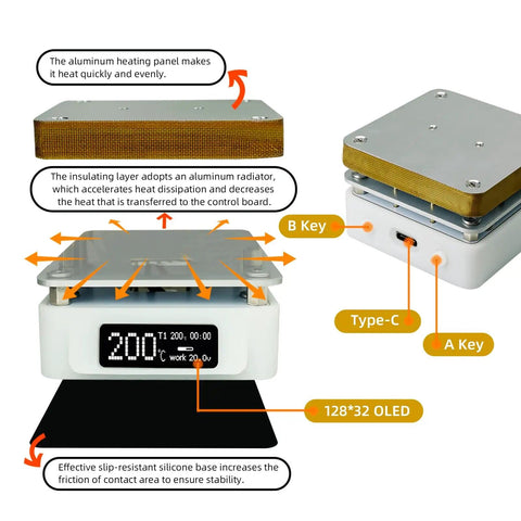 Electric Soldering Hot Plate 55mm X 55mm Plate with OLED display, Type-C port, control keys for heating rework and lab use.