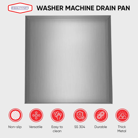 Top view of Built Tough Stainless Steel Washer Drain Pan Tray for No Fuss Leak Prevention and Spill Containment, 27x25x2.5 inches.