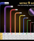 Long Ball End Hex Key Set 9 Piece Metric Allen Wrenches 1.5 To 10 Mm Anti Slip Color Coded for easy identification sizes chart