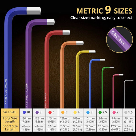 Long Ball End Hex Key Set 9 Piece Metric Allen Wrenches 1.5 To 10 Mm Anti Slip Color Coded for easy identification sizes chart