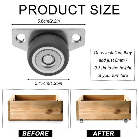 Set Of 4 Low Profile Side Mount Casters With Quiet Rubber Wheels, showing size and installation on furniture.