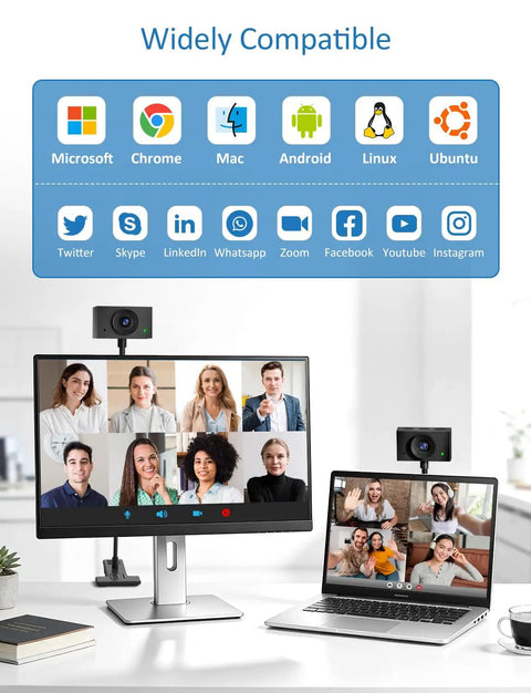 Crisp 1080P Streaming Webcam For Pc And Laptop With Built In Mic And Rock Solid Gooseneck Bracket showcasing video call compatibility.