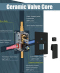 Diagram of ceramic valve core for Dope Matte Black Ceiling Mount Shower System With Dual Function Rainfall Overhead Shower Head And Handheld Spray All Metal Brass Construction 10 Inch ABS Shower Head Rough In Valve And Trim Kit Included High Pressure, showing brass body and connectors.