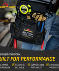 20 Pocket Builder Tool Rig With Magnetic Storage on waist, showing 1680D polyester belt with tools and tape measure, designed for carpenters.
