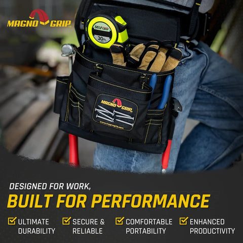 20 Pocket Builder Tool Rig With Magnetic Storage on waist, showing 1680D polyester belt with tools and tape measure, designed for carpenters.