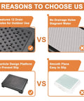 Comparison chart of indoor outdoor step stool features 12 drain holes and non-slip design vs smooth plane surface.