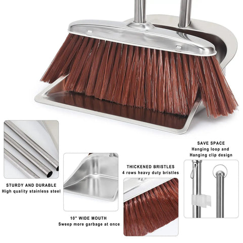 Straight Up Heavy Duty Brush And Dustpan Set For Home With 56 Inch Extended Handle showing stainless steel frame and thick bristles.