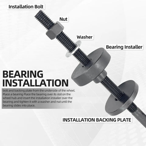 All In One Motorcycle Wheel Bearing Puller Tool Kit for Most Models with 25mm Bearings installation components labeled