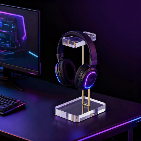 Crystal Clear Acrylic Headphone Stand With Gold Hardware Dope Look Ultra Sturdy Desk Earphone Holder For Gaming Room And Office Sleek Modern Display Keeps Your Headset Upright Neatly Organized And Always Within Reach.