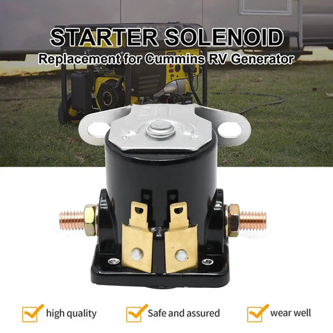 12V Start Solenoid Relay Replacement for Cummins Onan RV Generators, copper build, plug-and-play design, shown with RV generator in background.