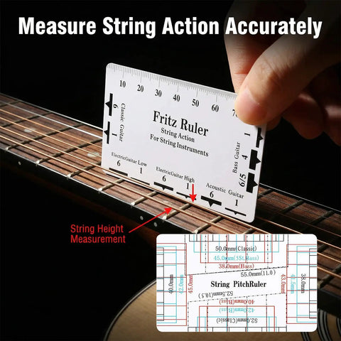 All In One Guitar Maintenance Kit With Fret Press And Fret Leveling Tools showing action gauge on guitar strings.