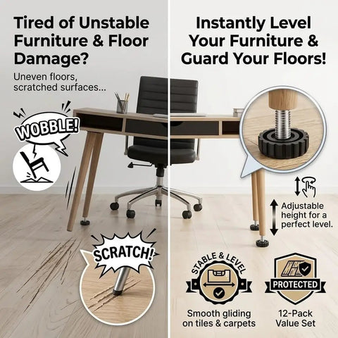 Game Change Your Wobbly Floors With These Heavy Duty Furniture Leveling Feet Adjustment Screws showing adjustable foot mount under desk.