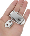 Hand holding Spring Loaded Toggle Latch Catch Stainless Steel Lockable Clip For Toolboxes And Suitcases Heavy Duty Metal Fastener