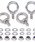Heavy Duty 304 Stainless Steel M10 Eye Bolts Lifting Ring Kit With Four Eye Bolts And Six Lock Nuts Plus Lock Washers And Flat Washers For Marine And Industrial Lifting Projects No Nonsense, parts laid out on white