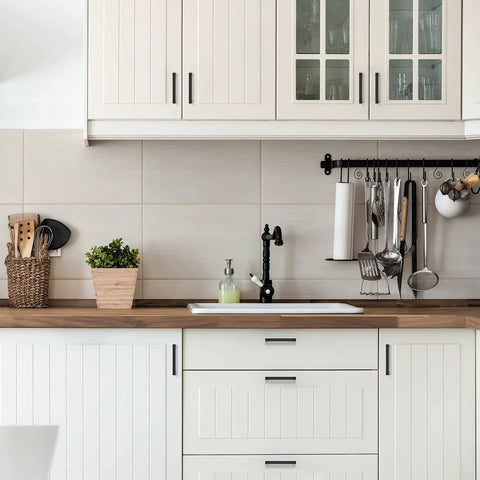 Modern kitchen with white cabinets featuring 12 Pack Square Cabinet Handles 4.5 Inch Center To Center Matte Black Drawer Pulls.