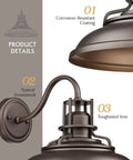 Close-up of oil-rubbed bronze finish, gooseneck arm, and corrosion-resistant coating on 12 Inch Vintage Farmhouse Outdoor Wall Sconces.