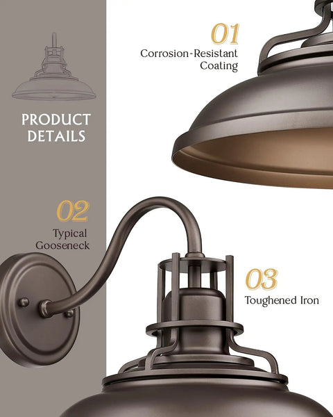 Close-up of oil-rubbed bronze finish, gooseneck arm, and corrosion-resistant coating on 12 Inch Vintage Farmhouse Outdoor Wall Sconces.