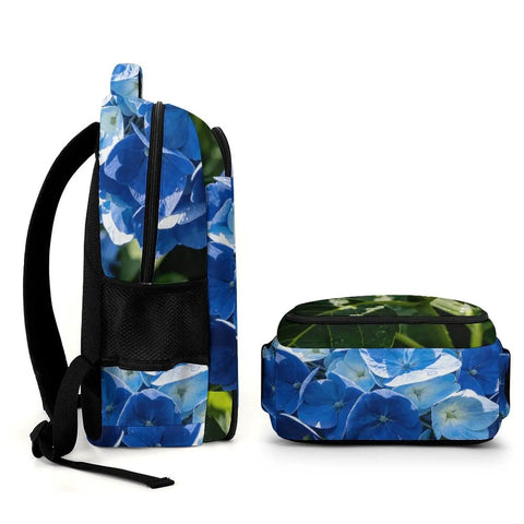 Side view of Spacious Unisex Backpack With Blue Hydrangea Print For Summer Garden Vibe, Durable Polyester Daypack With Large Capacity