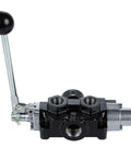 Front view of 18 GPM Hydraulic Log Splitter Valve With Auto Return Detent And Relief Control Lever, 3000 PSI, beefy metal build.
