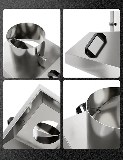 Straight Up Heavy Duty Stainless Steel Dust Collector Hood For Industrial Fume Extraction Vacuum Adapter With No Sweat Quick Install view of the adapter ring and handle.